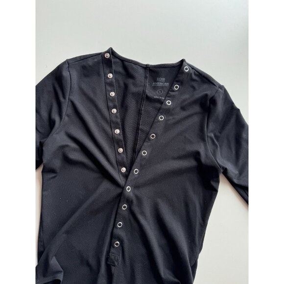 GOOD AMERICAN Snap Queen Black Half Sleeve Plunge V-Neck Bodysuit, Size 2/M - Picture 6 of 15